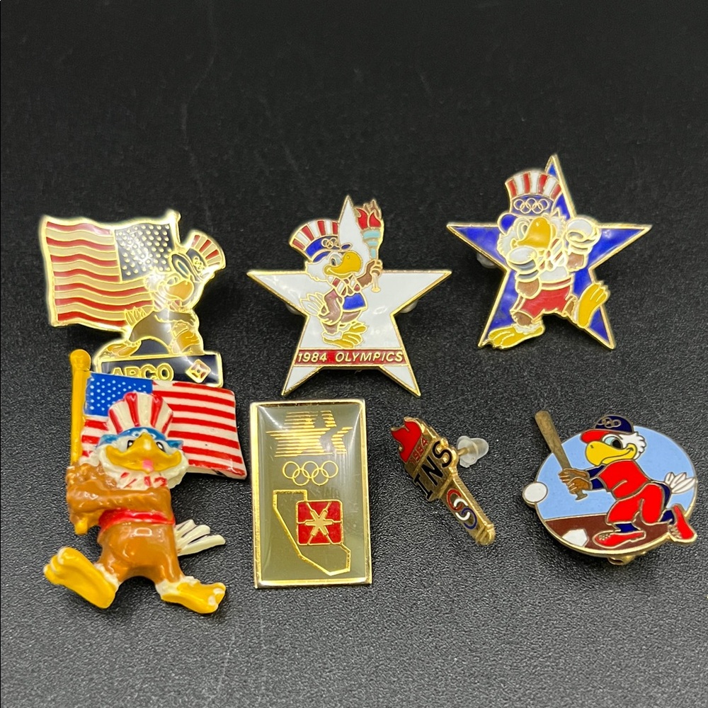 Vintage 1984 Olympics Team Mascot Torch Pin Lot - Red, White & Blue